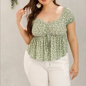 NWOT: Green, floral, drawstring, babydoll blouse